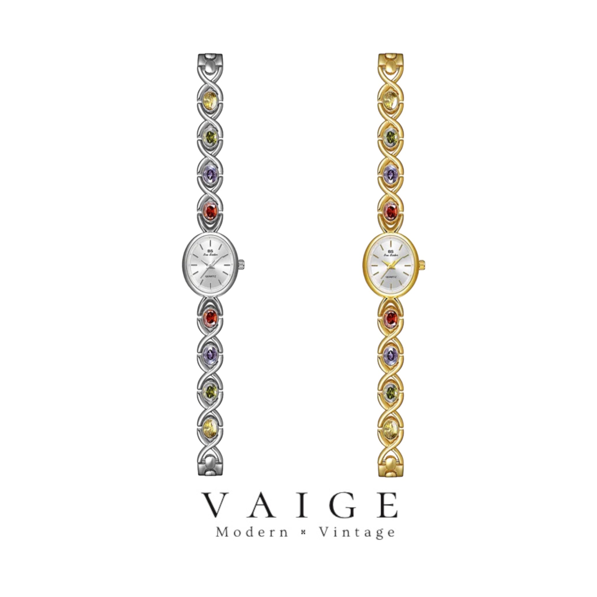 VAIGE Elegant Oval Rainbow Quartz Watch in Gold & Silver