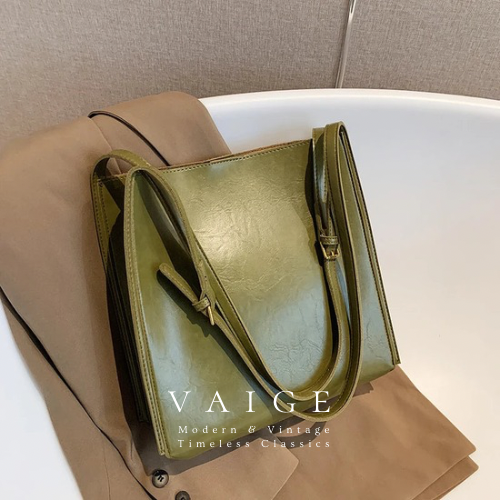 VAIGE Vintage Chic Leather Shoulder Tote in Black and Fresh Green