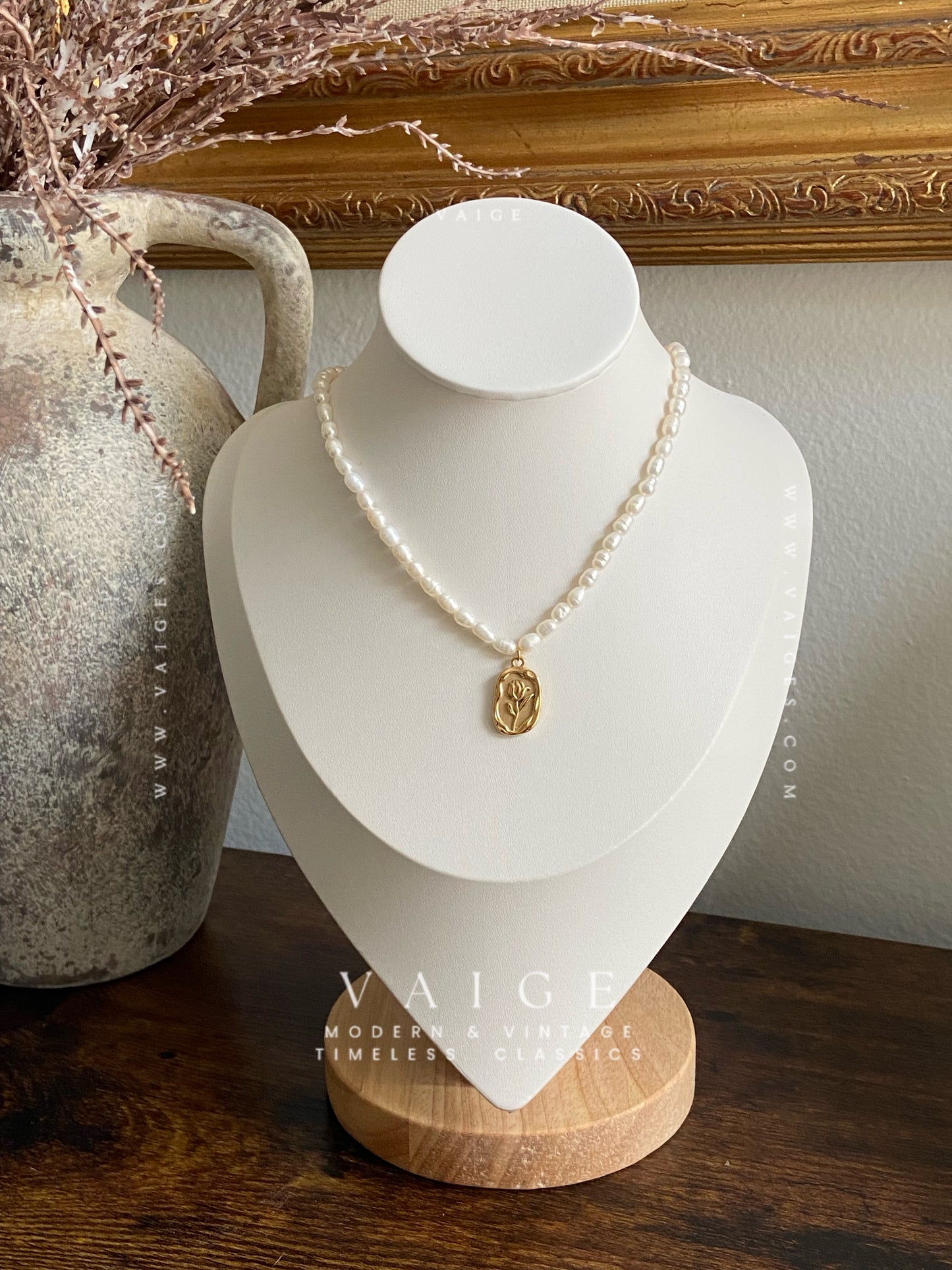 VAIGE 18K Gold Plated Stainless Steel Flower Charm Pearl Beaded Necklace