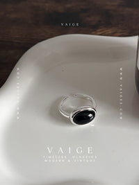 VAIGE Black Onyx Oval Silver Adjustable Ring