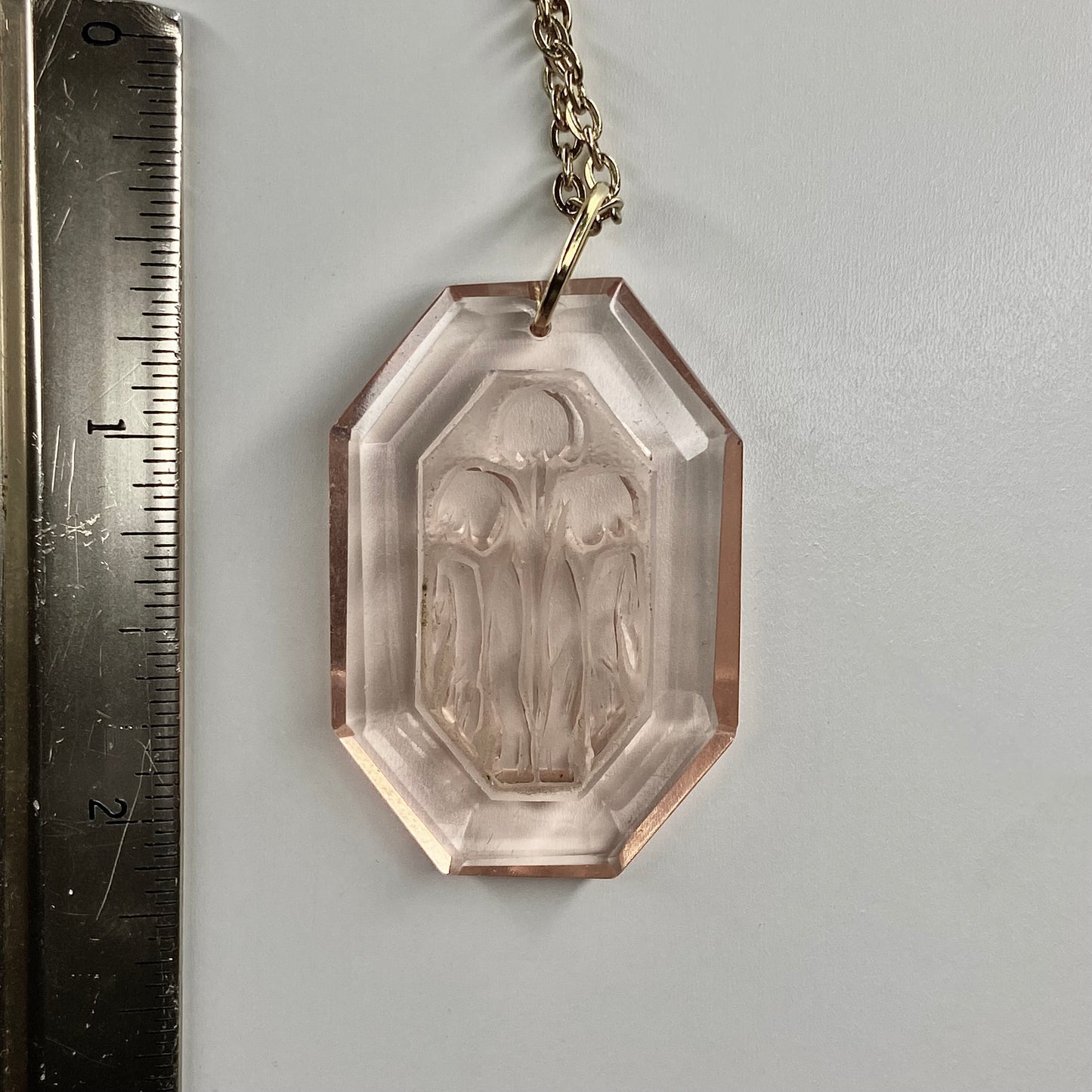 gold pink flower engraved glass   pendant necklace • 16-18in — Vintage Collection • only 1 available • View all photos; item is thrifted/vintage and may show flaws.