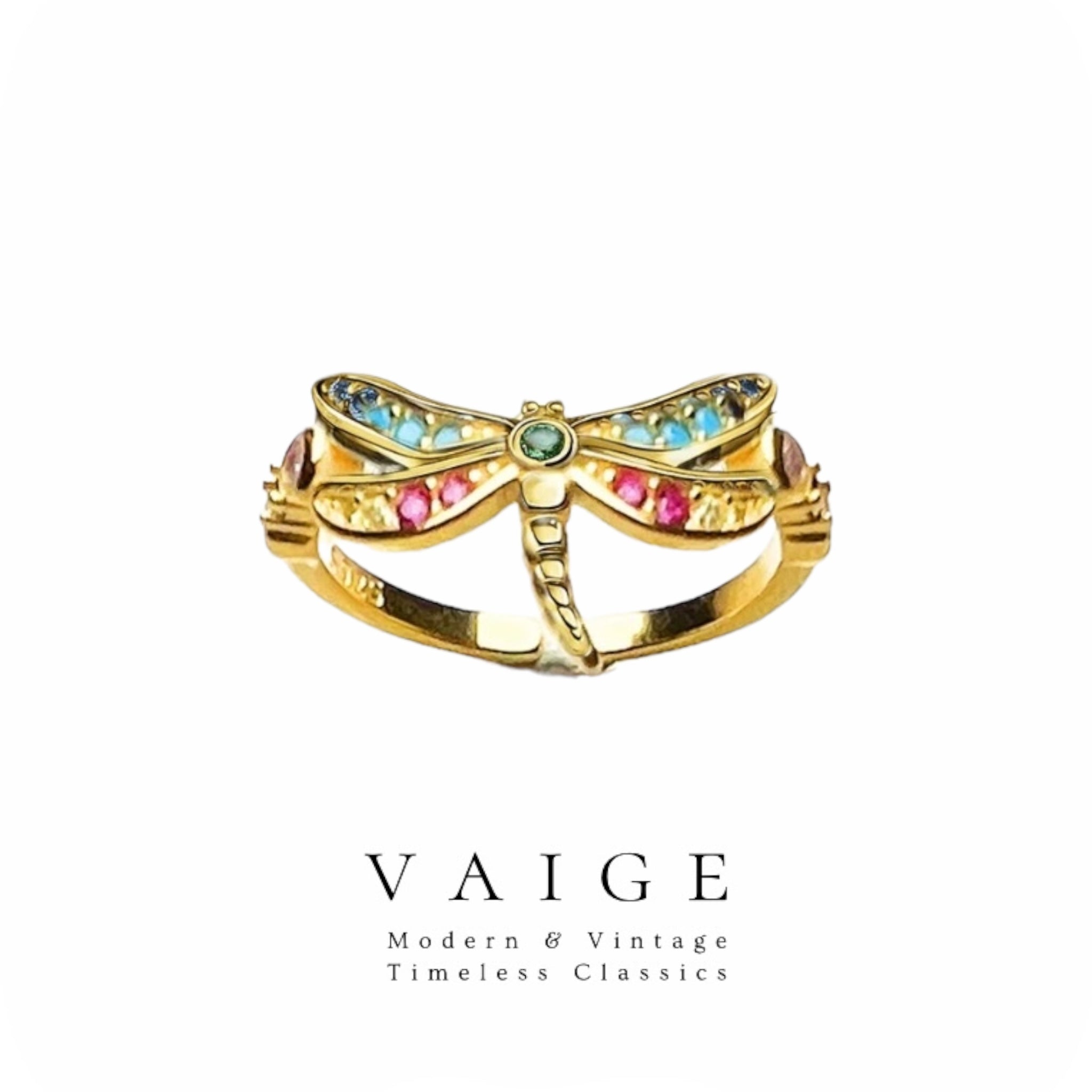 VAIGE Enchanted Dragonfly Ring in Gold and Silver with Colorful Zircon Stones - 925 Sterling Silver