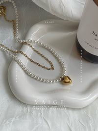 VAIGE 18K Gold Plated SS Pearl Beaded Heart Pendant Necklace