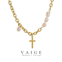 Natural Pearl Stainless Steel Cross Necklace