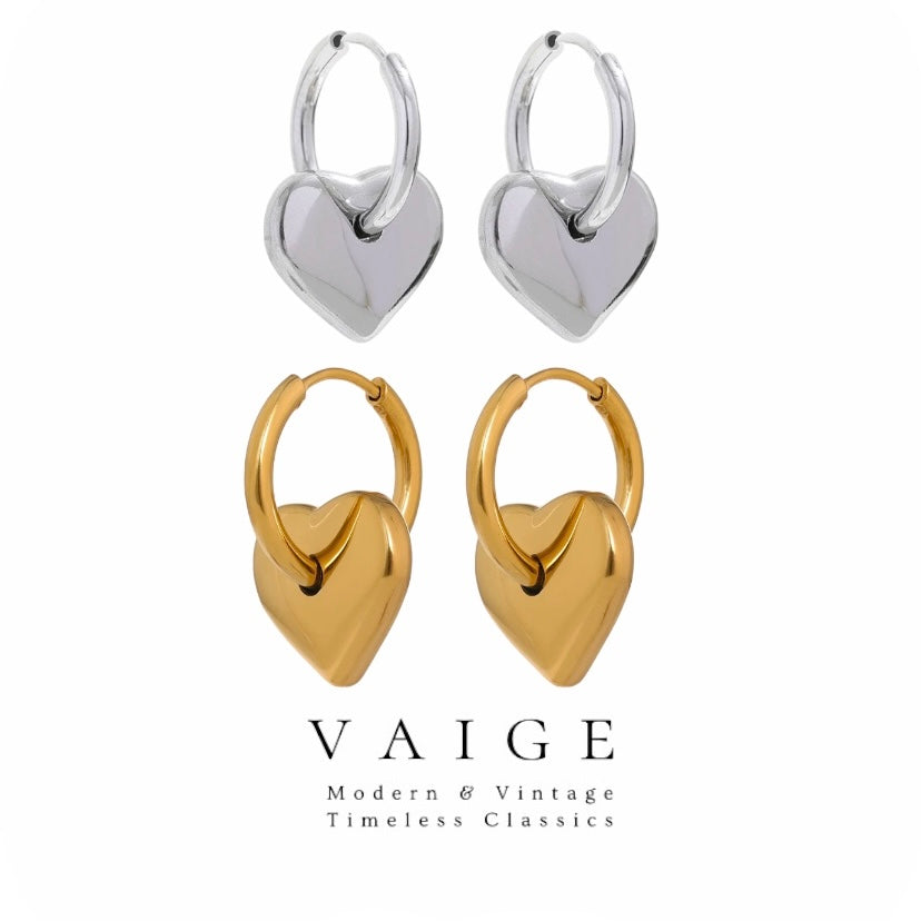 VAIGE Elegant Gold and Silver Heart Dangle Huggie Hoop Earrings