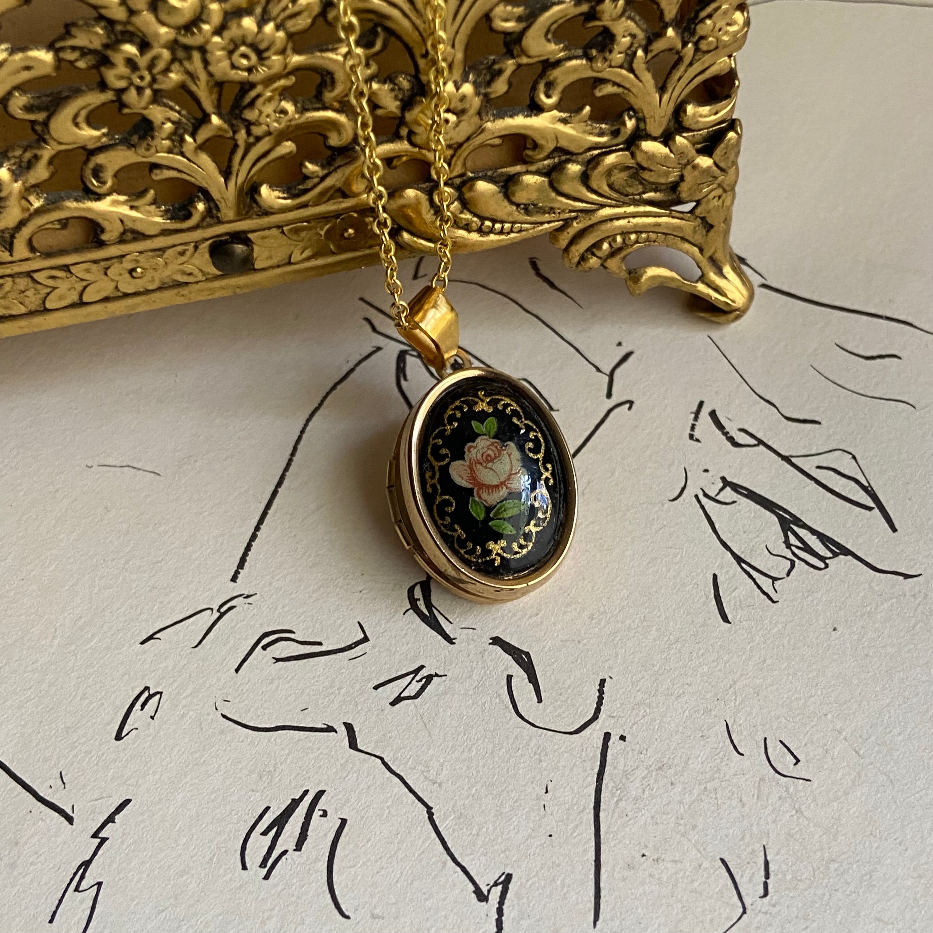 gold black porcelain flower dainty locket    necklace • 18in — Vivian Vintage Collection • only 1 available • View all photos; item is thrifted/vintage and may show flaws: (  )