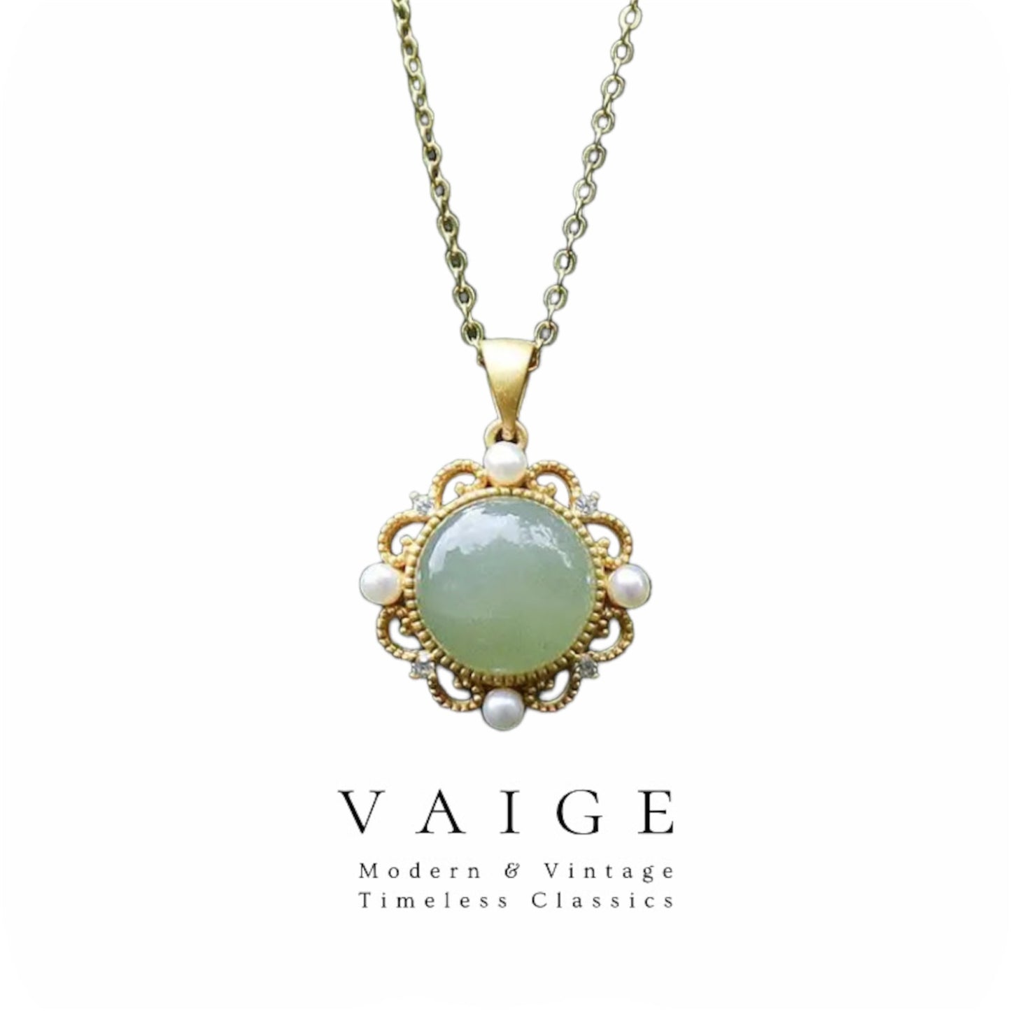 VAIGE Elegant Green Jasper & Pearl .925 Sterling Silver Pendant Necklace