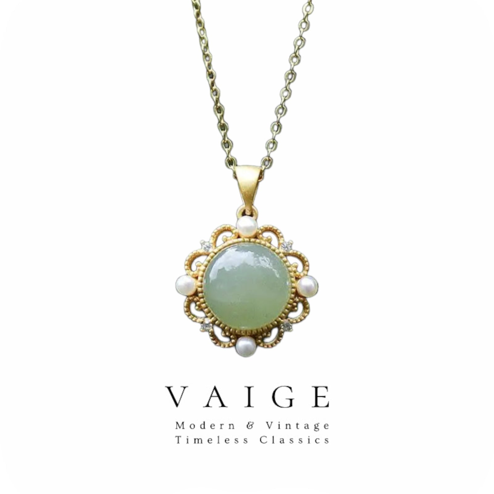 VAIGE Elegant Green Jasper & Pearl .925 Sterling Silver Pendant Necklace