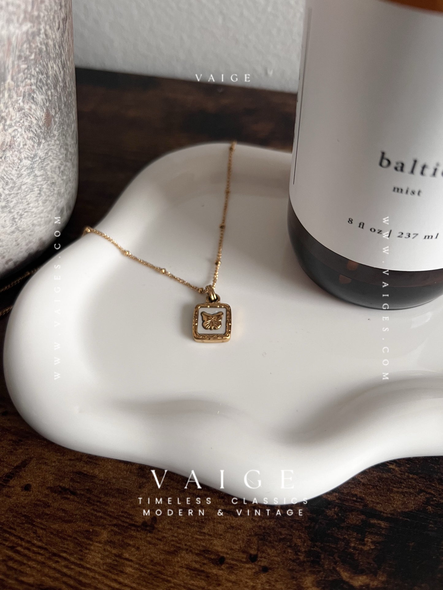 VAIGE Butterfly Shell Pendant Necklace Stainless Steel Gold