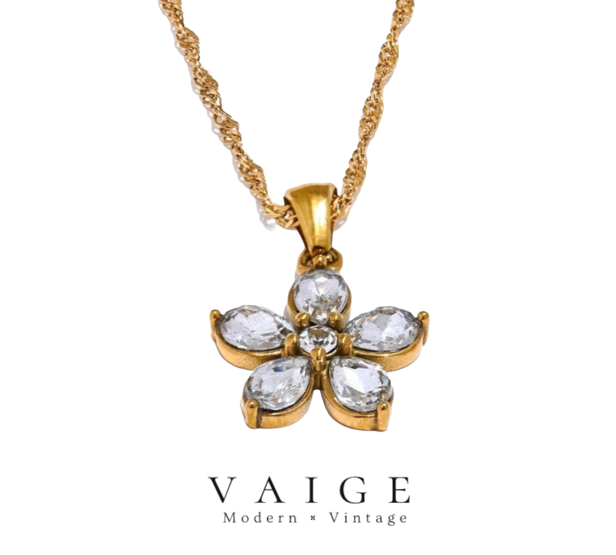 VAIGE Dazzling Floral Cubic Zirconia Stainless Steel Necklace in Gold and Silver