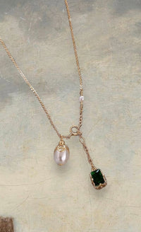 Emerald Green & Pearl Lariat Choker Necklace