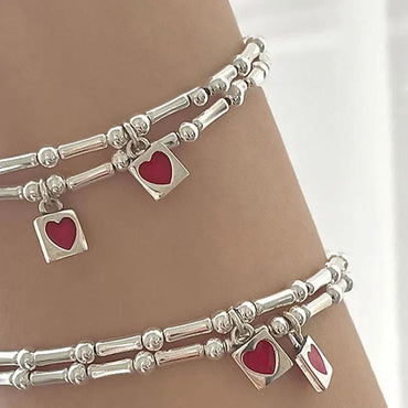 VAIGE Elegant Silver Bamboo Joint Red and Heart Accented Cuff Bracelet