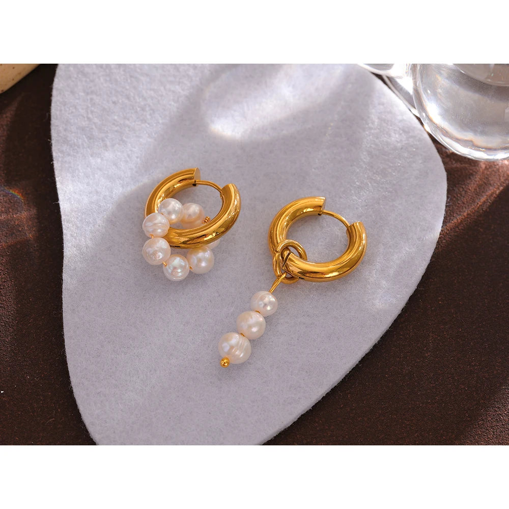 Natural Pearl Asymmetry Dangle Stainless Steel Earrings