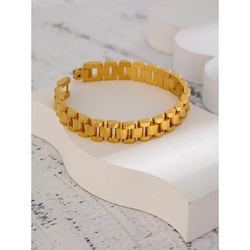 VAIGE Stainless Steel 18K Gold Plated Chain Bracelet - Trendy Waterproof Fashion Jewelry with Heavy Metal Texture