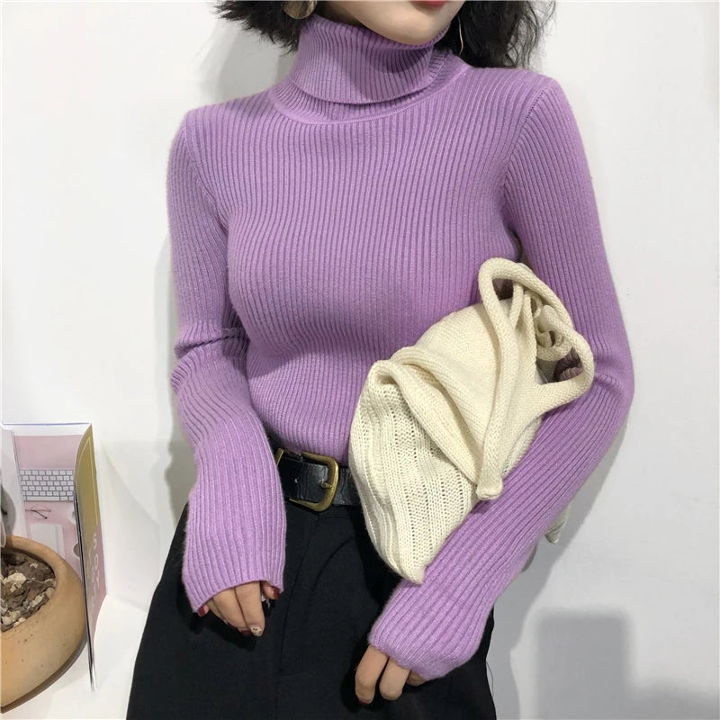 VAIGE Soft Warm Knitted Ribbed Turtleneck Pullover Sweater - Thick Long Sleeve Slim Jumper in Acrylic and Cotton Blend