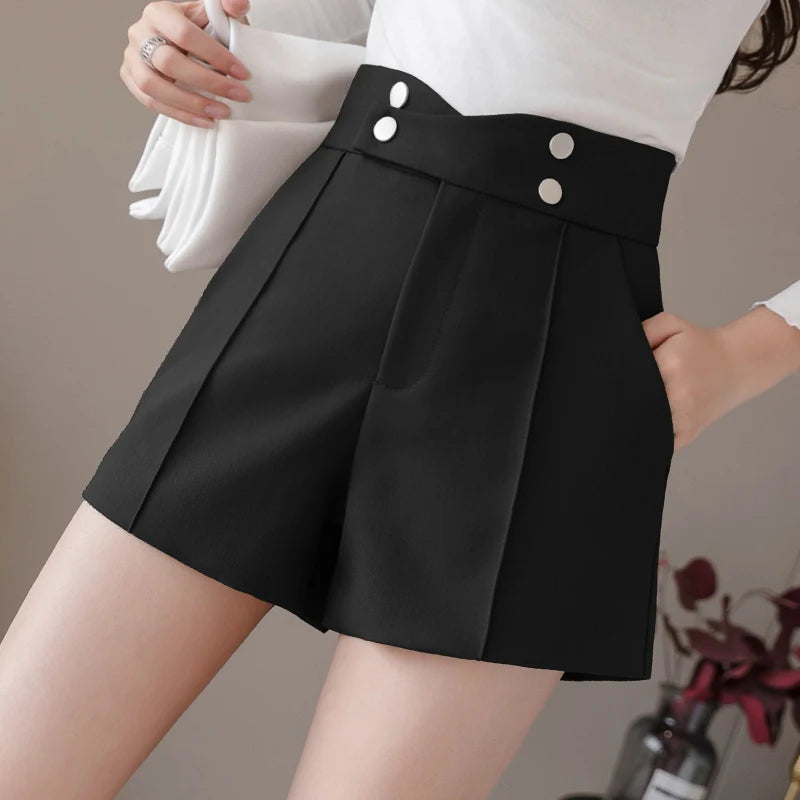 VAIGE High Waist Solid Black Office Work Shorts with Pockets, Available in S-XL, Cotton Material, Loose Fit, Colors: Apricot, Black, Coffee, Gray