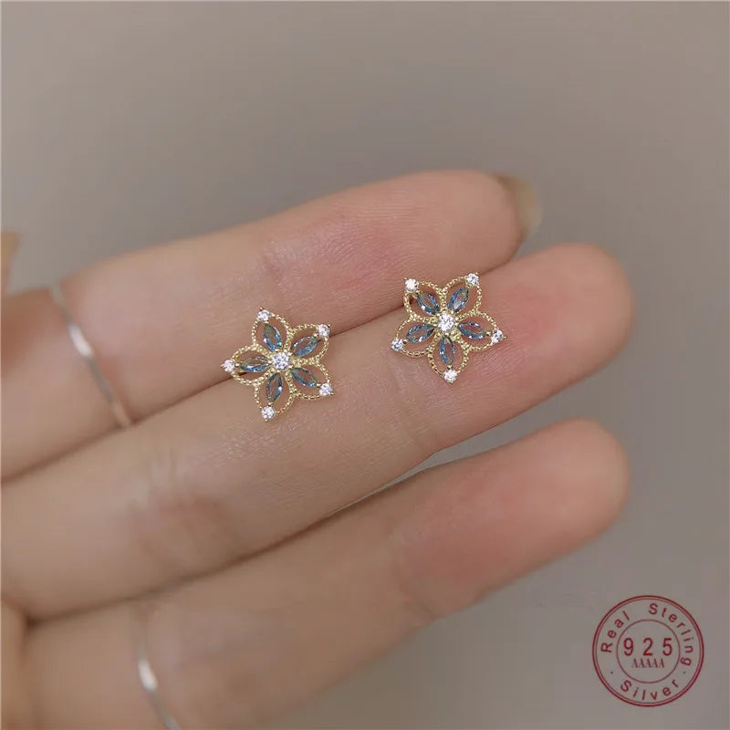 VAIGE 925 Sterling Silver Hollow Crystal Flower Stud Earrings with 14k Gold Plating and Zircon Accents