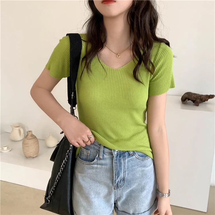 VAIGE Basic V-neck Solid Thin Summer Pullover Knitted Ribbed Sweater Bodycon Short Sleeve Slim Fit