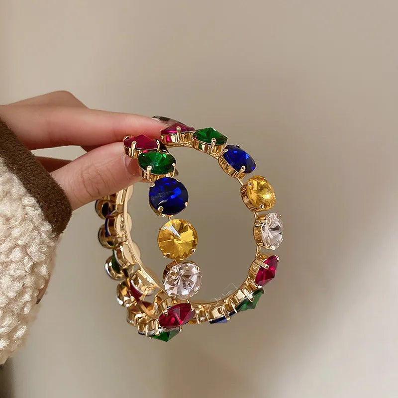 VAIGE Retro Bold Colorful Crystal Geometric Hoop Earrings in Multiple Shades