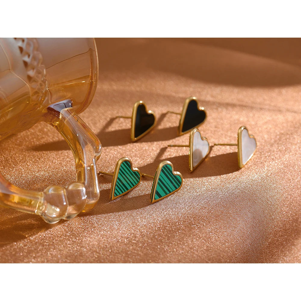 VAIGE Elegant Heart-Shaped Shell Earrings in Black, Green, and White with Stainless Steel Gold Finish