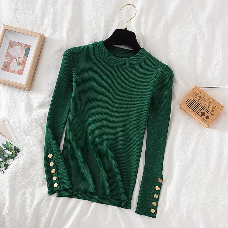 VAIGE Chic Khaki Thick Knit Pullover Sweater with Button O-Neck, Casual Autumn Winter Jumper, Slim Fit, Soft Cotton-Acrylic Blend