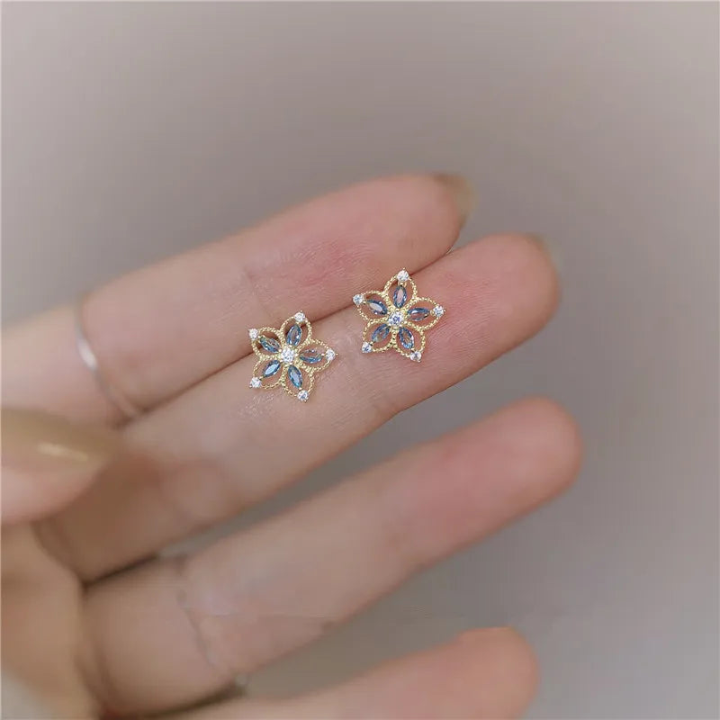 VAIGE 925 Sterling Silver Hollow Crystal Flower Stud Earrings with 14k Gold Plating and Zircon Accents