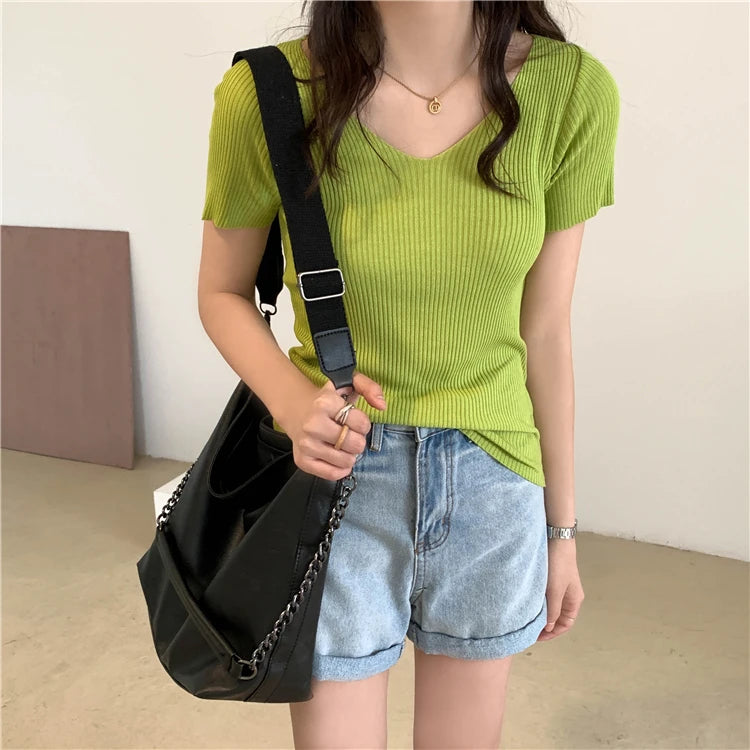 VAIGE Basic V-neck Solid Thin Summer Pullover Knitted Ribbed Sweater Bodycon Short Sleeve Slim Fit