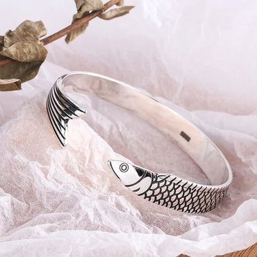 VAIGE Silver Plated Cuff Bracelet with Cubic Zirconia - Vintage Fish Design Bangles for Special Occasions and Gifts