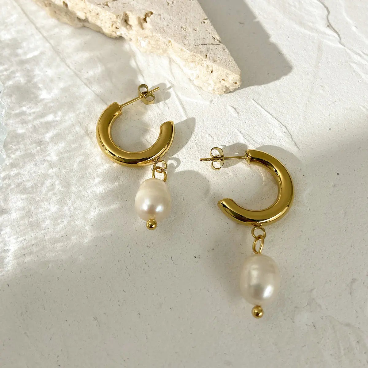 VAIGE Freshwater Pearl 18k Gold Plated Stainless Steel CC Shape Hoop Earrings - 27mm x 20mm Huggie Style Jewelry