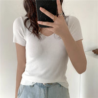 VAIGE Basic V-neck Solid Thin Summer Pullover Knitted Ribbed Sweater Bodycon Short Sleeve Slim Fit