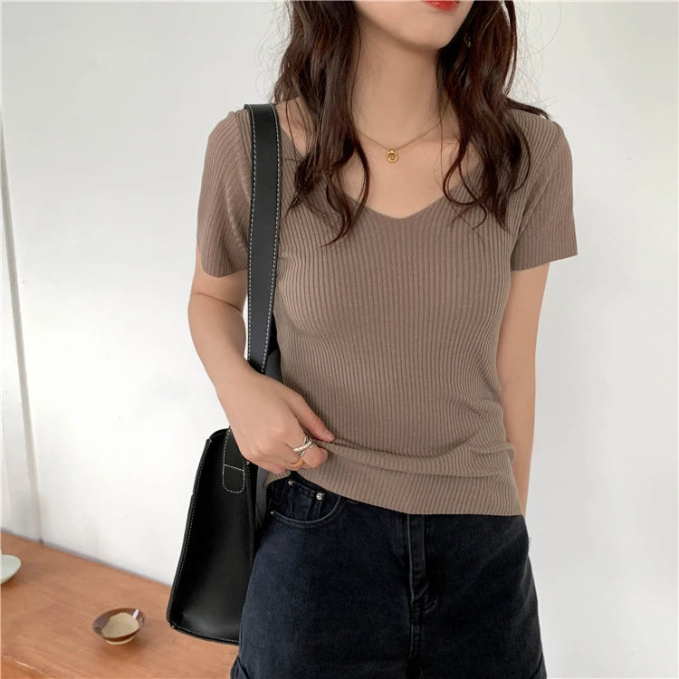 VAIGE Basic V-neck Solid Thin Summer Pullover Knitted Ribbed Sweater Bodycon Short Sleeve Slim Fit