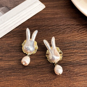 VAIGE Enchanting Baroque Freshwater Pearl Rabbit Tassel Earrings in Elegant White and Gold