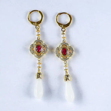 VAIGE Enchanting Red Floral Dangle Huggie Hoop Earrings with Natural Tourmaline and Chalcedony