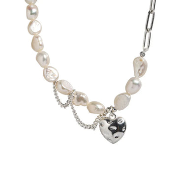 VAIGE Elegant Asymmetrical Pearl Heart Dangle Necklace in Silver & White