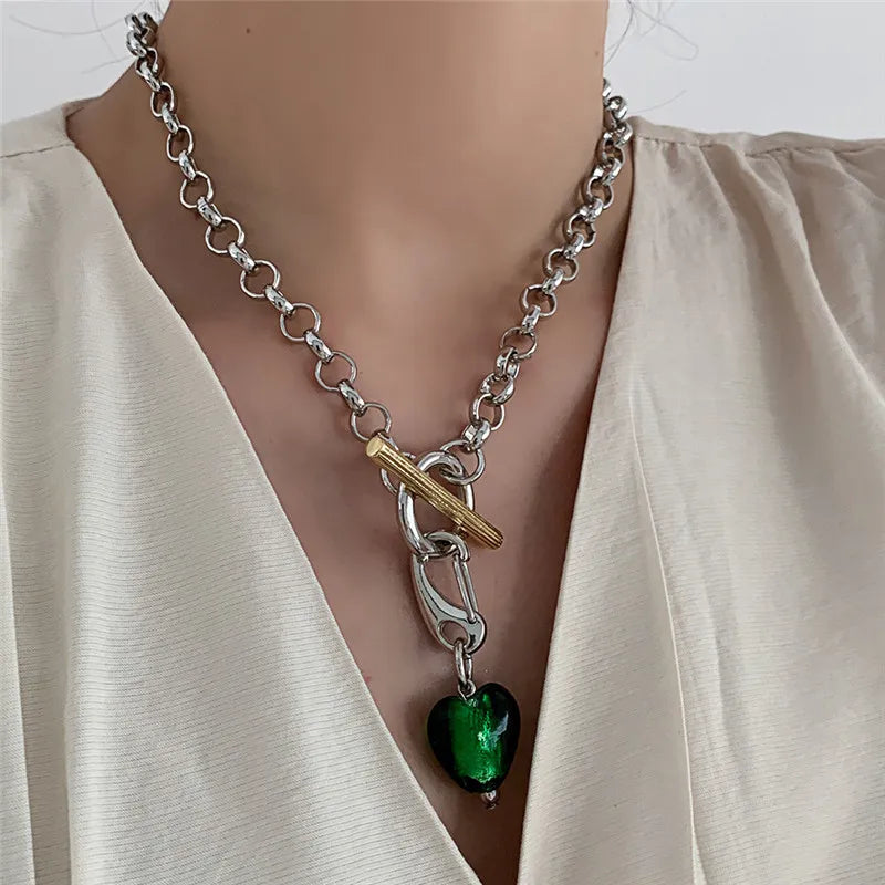 VAIGE Enchanting Vintage Green Glass Choker Necklace with Metal Coarse Chain