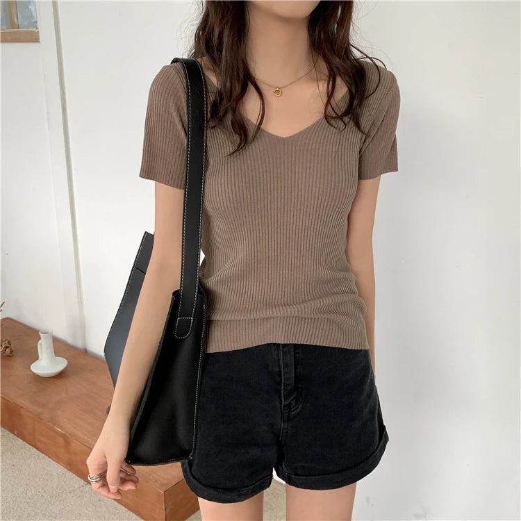 VAIGE Basic V-neck Solid Thin Summer Pullover Knitted Ribbed Sweater Bodycon Short Sleeve Slim Fit