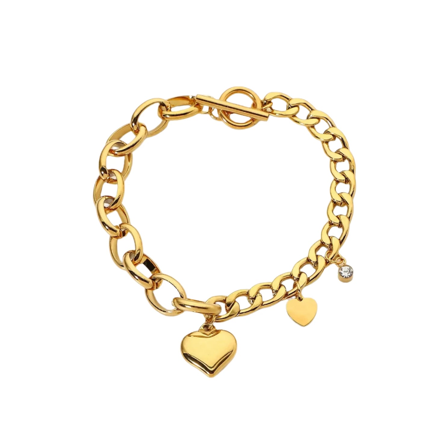 VAIGE Chunky Stainless Steel Cuban Chain Bracelet with 18k Gold Plated Zircon Heart Charm and Lobster Claw Clasp, Trendy Fashion Jewelry