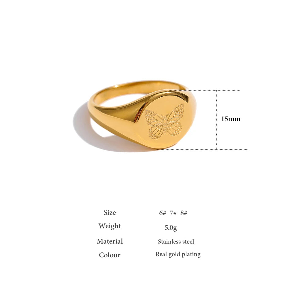 Gold Butterfly Engraved Stainless Steel Ring