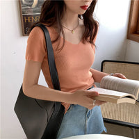 VAIGE Basic V-neck Solid Thin Summer Pullover Knitted Ribbed Sweater Bodycon Short Sleeve Slim Fit