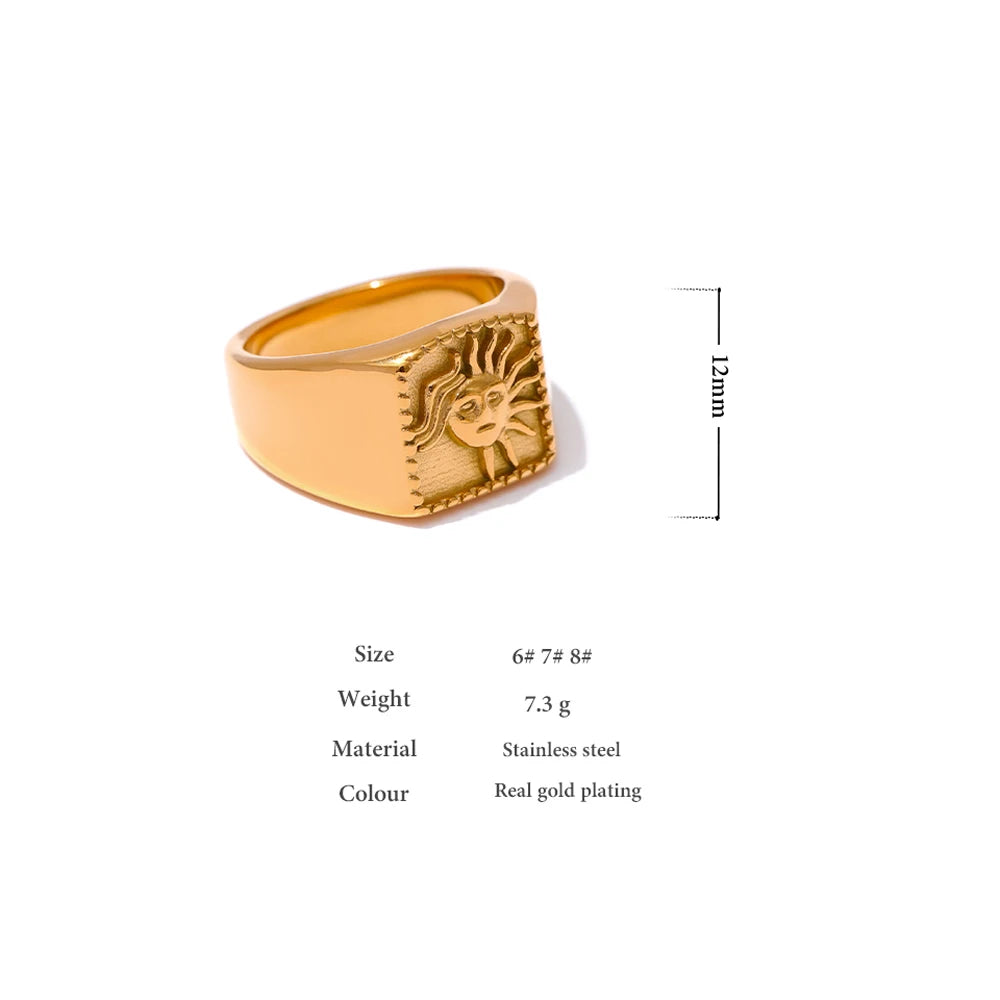 Gold Sun Square Signet Stainless Steel Ring