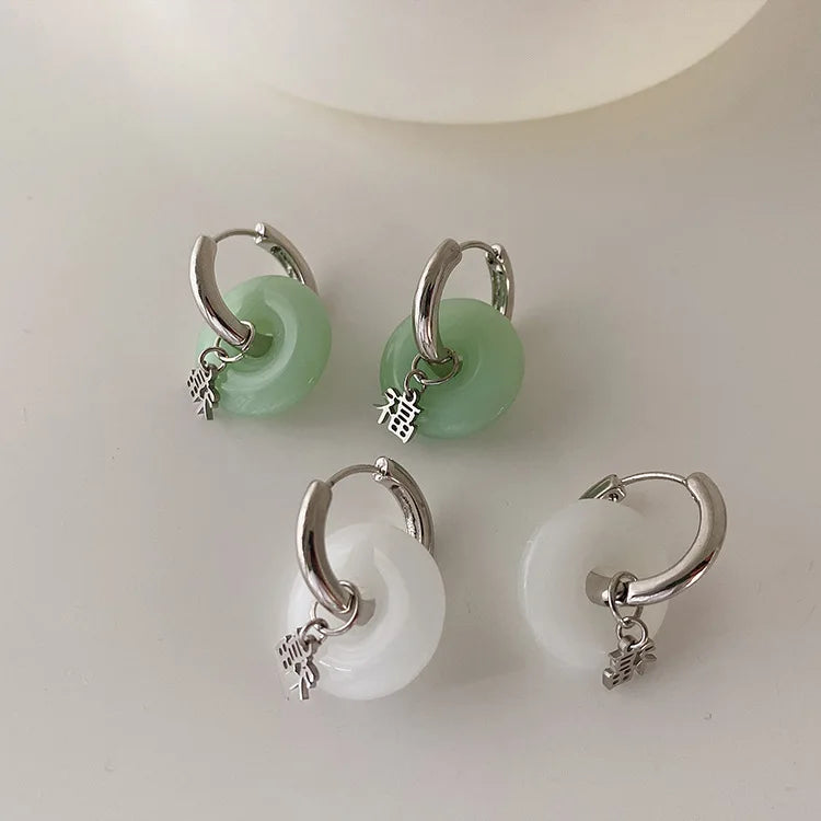 VAIGE Unique Green Jade Round Stainless Steel Hoop Earrings - Vintage Elegant Statement Jewelry, 8CM Size