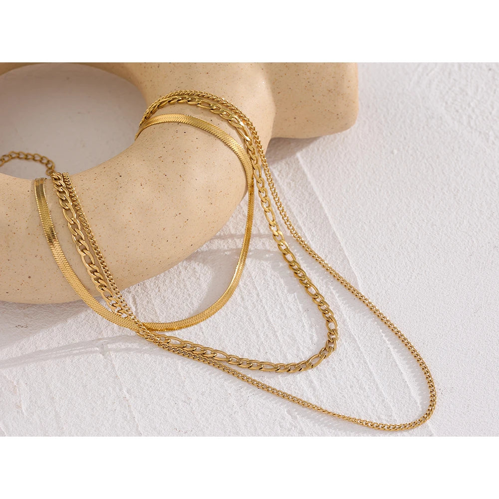 VAIGE Waterproof Stainless Steel Layered Chain Necklace Set - Golden Metallic Statement Jewelry