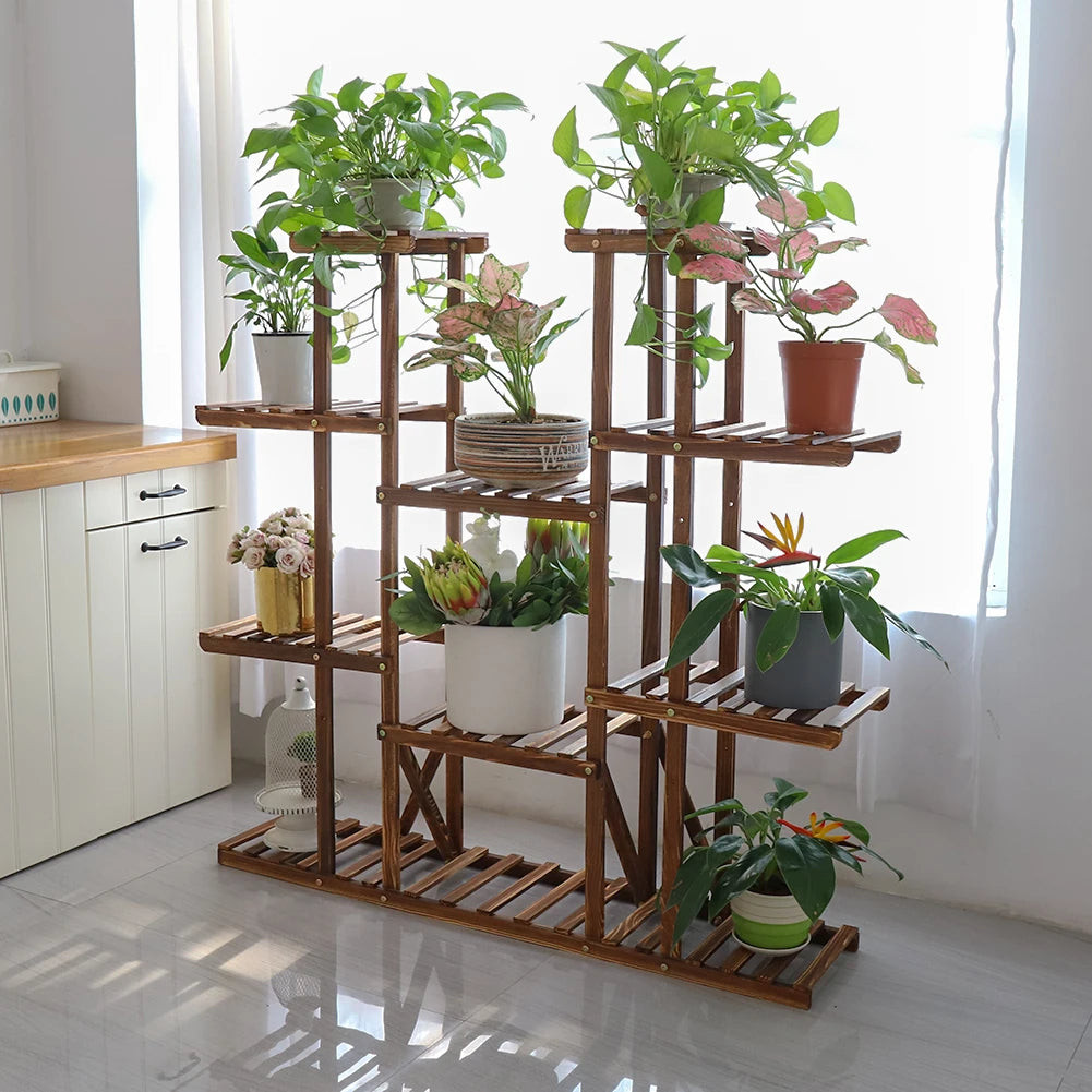 VAIGE 46in Pine Wood Multi-Tier Plant Stand with 9 Shelves for Indoor Outdoor Flower Display