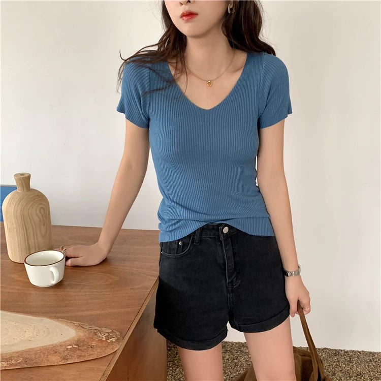 VAIGE Basic V-neck Solid Thin Summer Pullover Knitted Ribbed Sweater Bodycon Short Sleeve Slim Fit