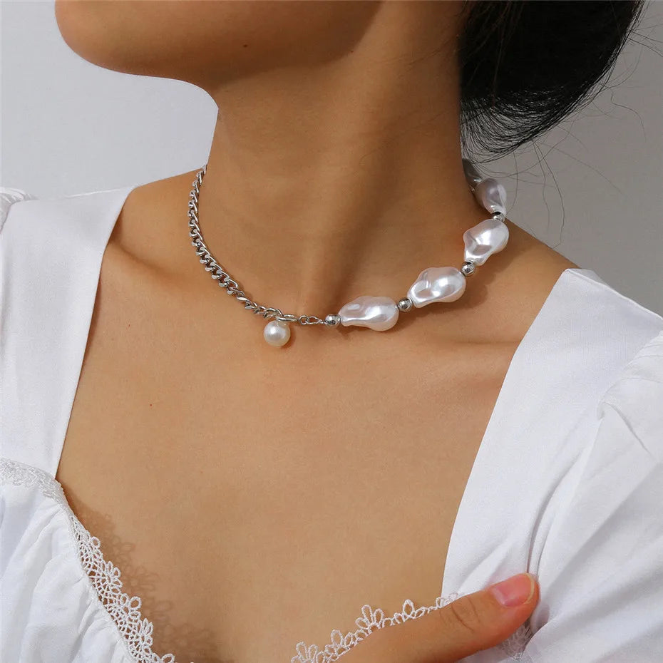 VAIGE Elegant Multilayer White Pearl Choker with Chic Metal Slice Closure