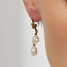 Gold Stainless Steel Natural Pearl Drop Knot Earrings