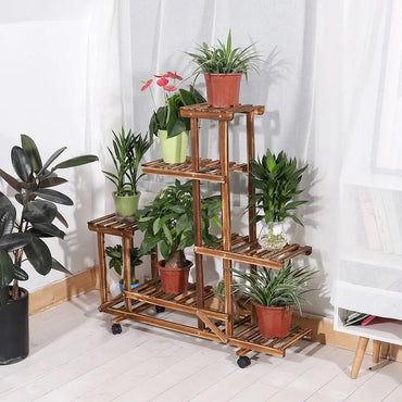 VAIGE Multi-Tier Wooden Plant Stand with Wheels - Rolling Flower Display Shelf for Indoor and Outdoor Use