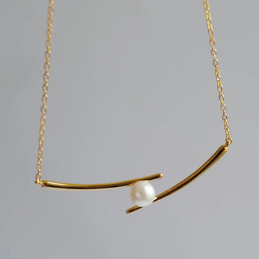 VAIGE Elegant Geometric Pearl Silver Necklace .925 Sterling