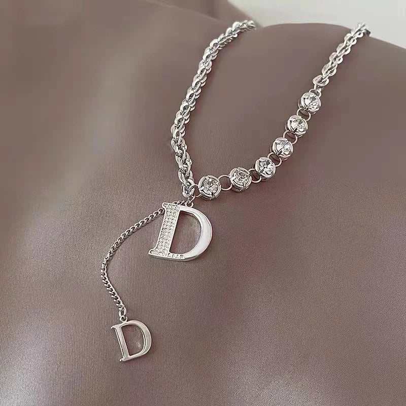 VAIGE D Letter Sparkling Zirconia Pendant Necklace - Elegant Long Design in Silver