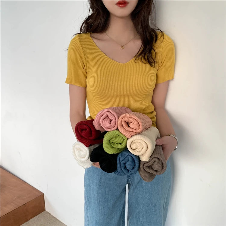 VAIGE Basic V-neck Solid Thin Summer Pullover Knitted Ribbed Sweater Bodycon Short Sleeve Slim Fit